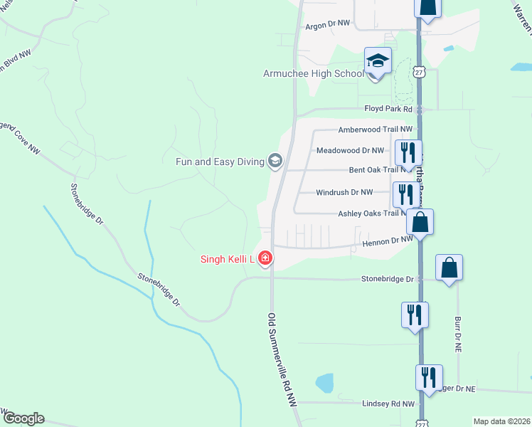map of restaurants, bars, coffee shops, grocery stores, and more near 1279 Old Summerville Road Northwest in Rome