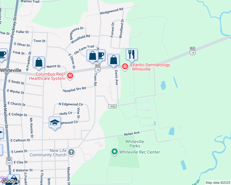 map of restaurants, bars, coffee shops, grocery stores, and more near 700 Davis Avenue in Whiteville