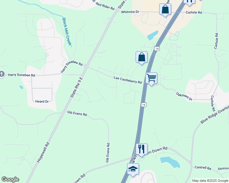 map of restaurants, bars, coffee shops, grocery stores, and more near 102 Berry Drive in Dawsonville