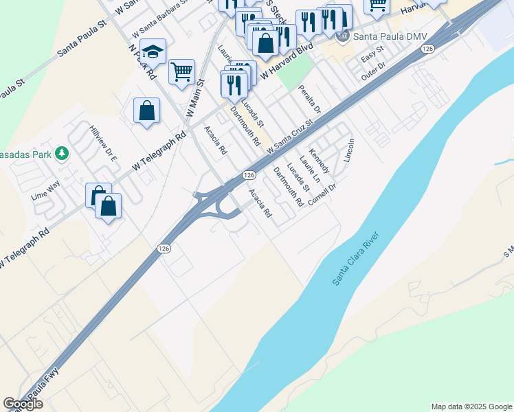 map of restaurants, bars, coffee shops, grocery stores, and more near 538 Acacia Road in Santa Paula