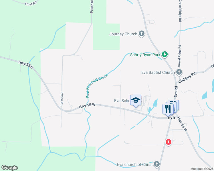 map of restaurants, bars, coffee shops, grocery stores, and more near 199 Murphrees Road in Eva