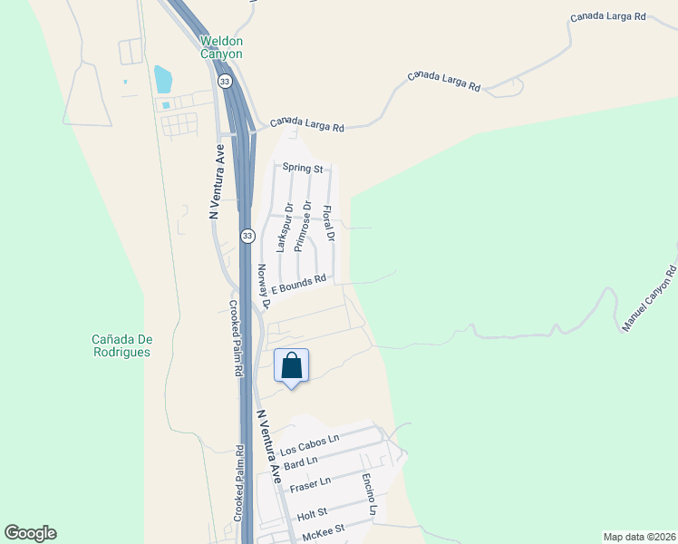 map of restaurants, bars, coffee shops, grocery stores, and more near 5014 Floral Drive in Ventura