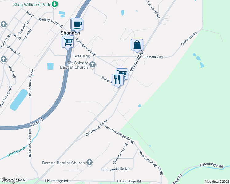 map of restaurants, bars, coffee shops, grocery stores, and more near 4515 Calhoun Highway Northeast in Rome