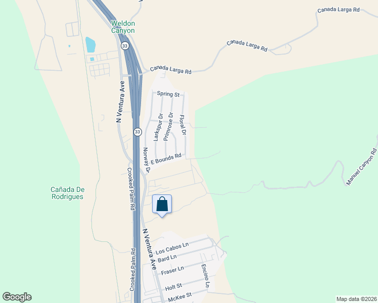 map of restaurants, bars, coffee shops, grocery stores, and more near 5014 Floral Drive in Ventura