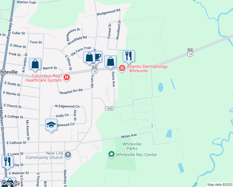 map of restaurants, bars, coffee shops, grocery stores, and more near 620 Davis Avenue in Whiteville