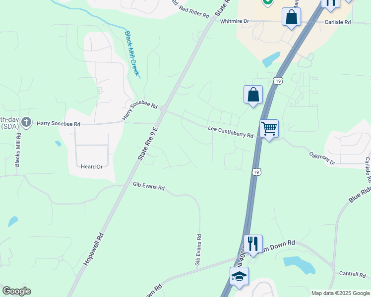 map of restaurants, bars, coffee shops, grocery stores, and more near 74 Deep Forest Trail in Dawsonville