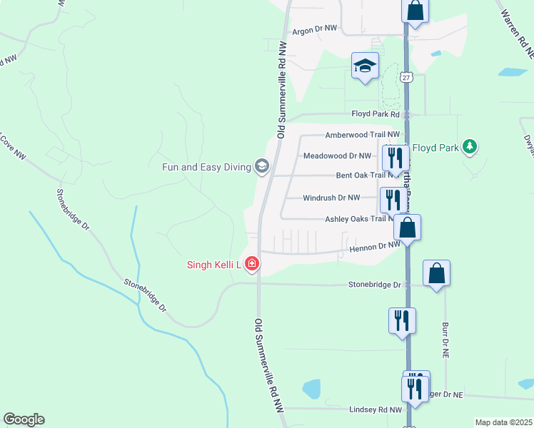 map of restaurants, bars, coffee shops, grocery stores, and more near 1290 Old Summerville Road Northwest in Rome