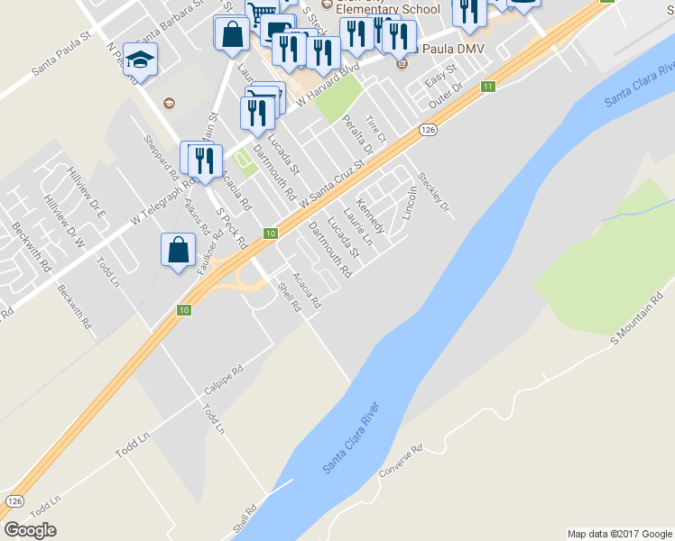 map of restaurants, bars, coffee shops, grocery stores, and more near 430 Dartmouth Road in Santa Paula