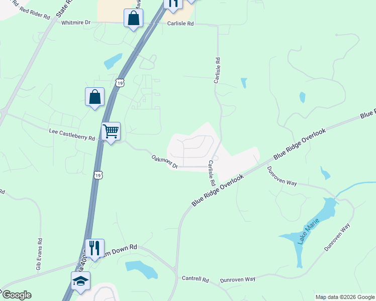 map of restaurants, bars, coffee shops, grocery stores, and more near 18 Greenfield Drive in Dawsonville