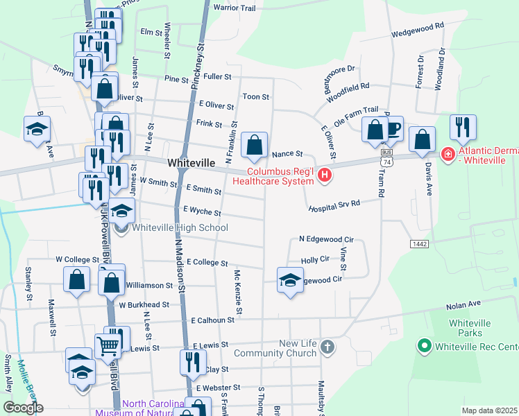 map of restaurants, bars, coffee shops, grocery stores, and more near 609 North Thompson Street in Whiteville