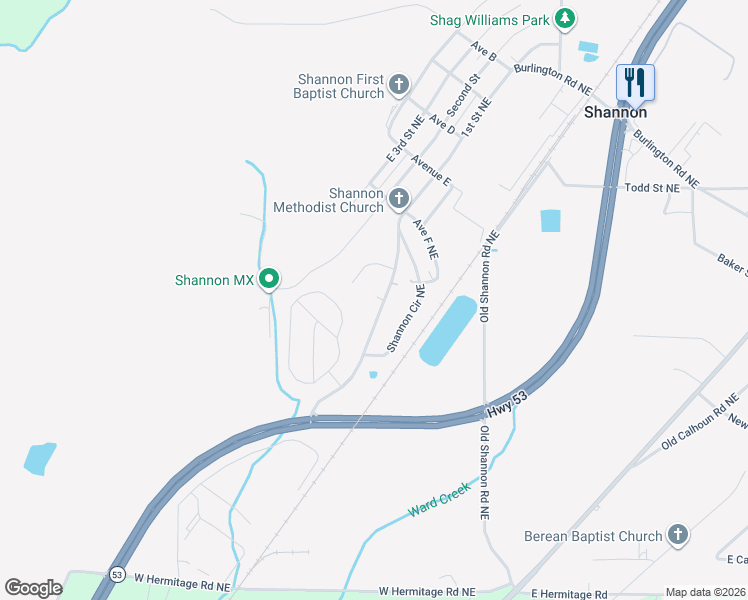 map of restaurants, bars, coffee shops, grocery stores, and more near 831 Shannon Circle Connector Northeast in Rome