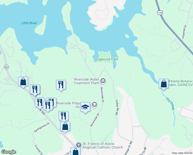 map of restaurants, bars, coffee shops, grocery stores, and more near 2120 Riverside Drive in Gainesville