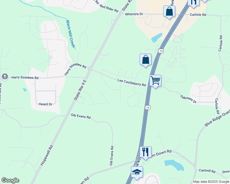 map of restaurants, bars, coffee shops, grocery stores, and more near 190 Parkwood Drive in Dawsonville