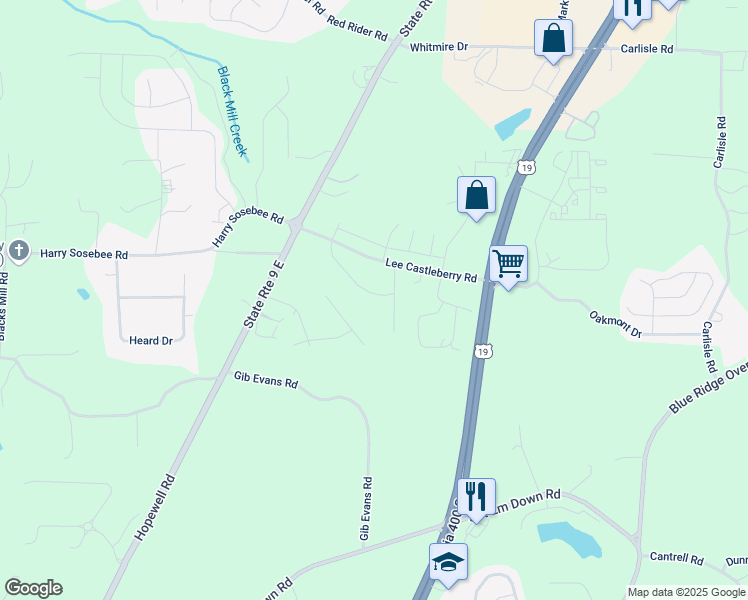 map of restaurants, bars, coffee shops, grocery stores, and more near 182 Parkwood Drive in Dawsonville