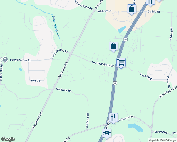 map of restaurants, bars, coffee shops, grocery stores, and more near 174 Parkwood Drive in Dawsonville