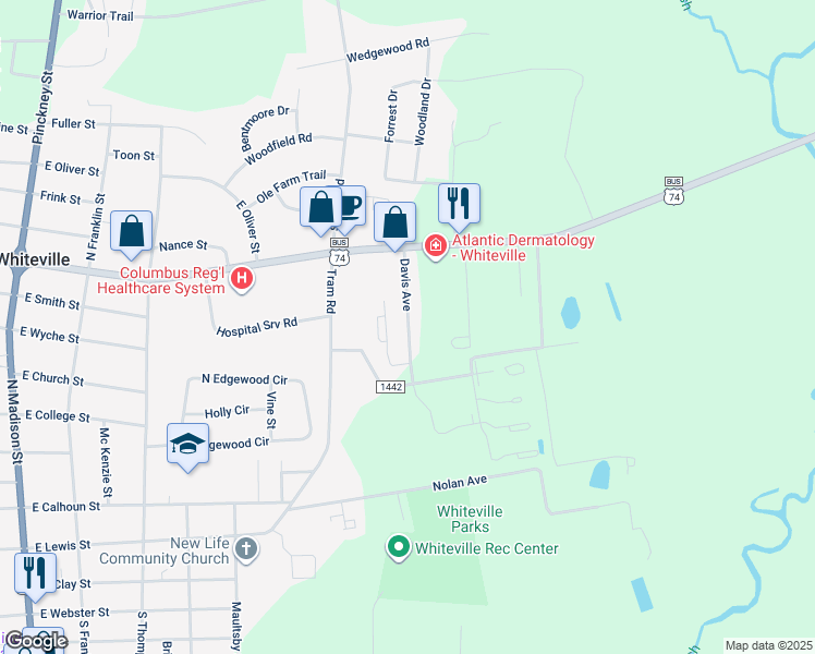 map of restaurants, bars, coffee shops, grocery stores, and more near 700 Davis Avenue in Whiteville