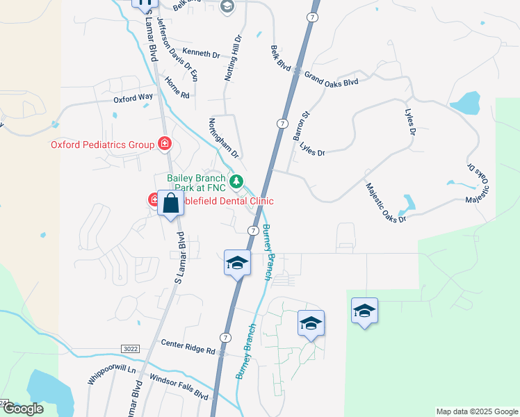 map of restaurants, bars, coffee shops, grocery stores, and more near Mississippi 7 in Oxford