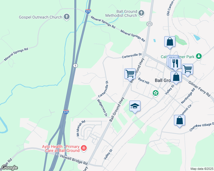 map of restaurants, bars, coffee shops, grocery stores, and more near Cartersville Street in Ball Ground