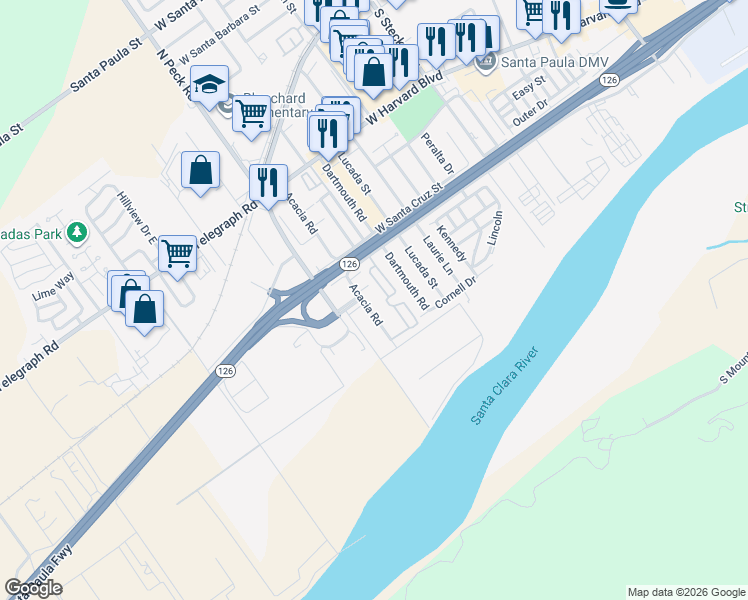 map of restaurants, bars, coffee shops, grocery stores, and more near 539 Acacia Road in Santa Paula