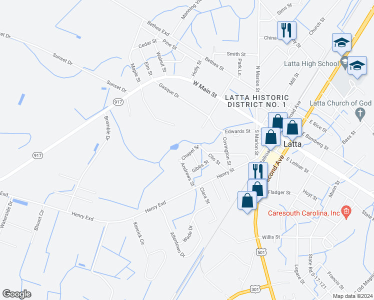 map of restaurants, bars, coffee shops, grocery stores, and more near 200 Chapel Street in Latta