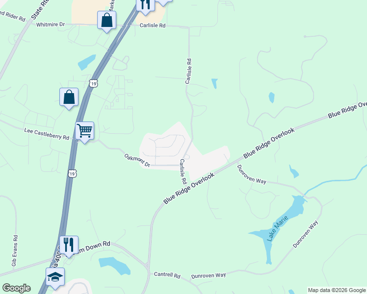 map of restaurants, bars, coffee shops, grocery stores, and more near 156 Highland Pointe Circle East in Dawsonville