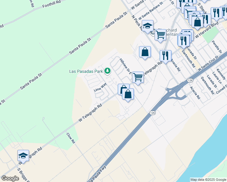 map of restaurants, bars, coffee shops, grocery stores, and more near 250 Corte Linda in Santa Paula