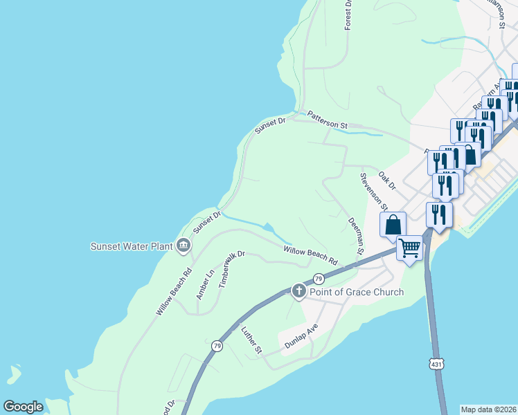 map of restaurants, bars, coffee shops, grocery stores, and more near 2313 Sunset Drive in Guntersville