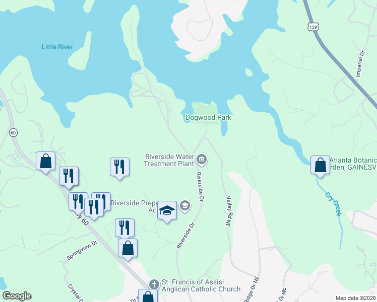 map of restaurants, bars, coffee shops, grocery stores, and more near 2120 Riverside Drive in Gainesville