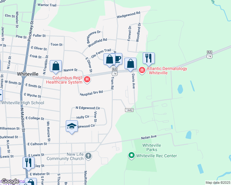 map of restaurants, bars, coffee shops, grocery stores, and more near 702 Tram Road in Whiteville