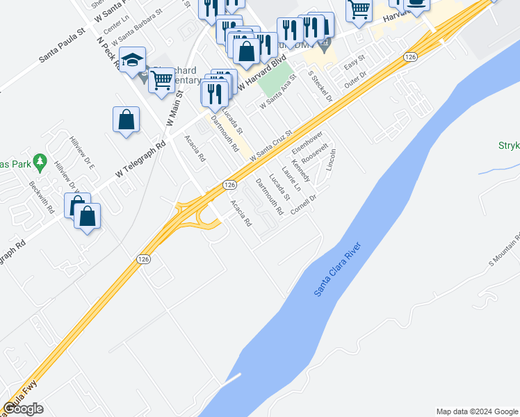 map of restaurants, bars, coffee shops, grocery stores, and more near 720 East Santa Maria Street in Santa Paula