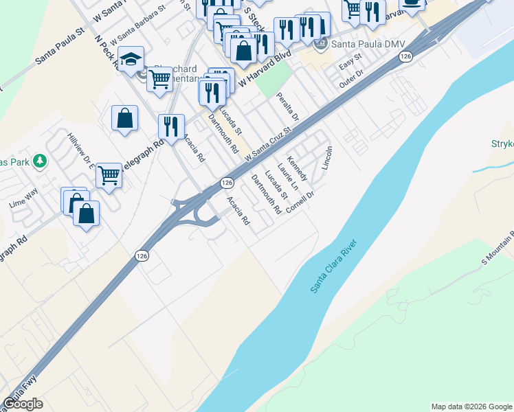 map of restaurants, bars, coffee shops, grocery stores, and more near 720 West Santa Maria Street in Santa Paula