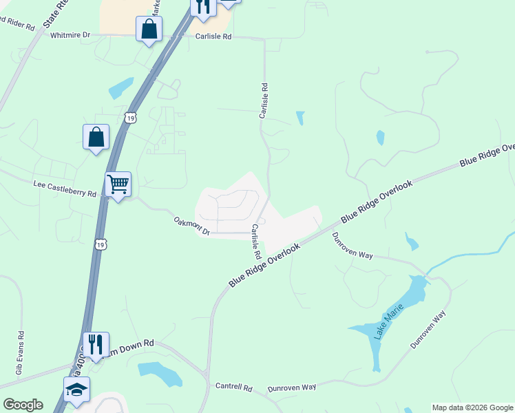map of restaurants, bars, coffee shops, grocery stores, and more near 156 Highland Pointe Circle East in Dawsonville
