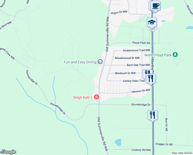 map of restaurants, bars, coffee shops, grocery stores, and more near 1297 Old Summerville Road Northwest in Rome