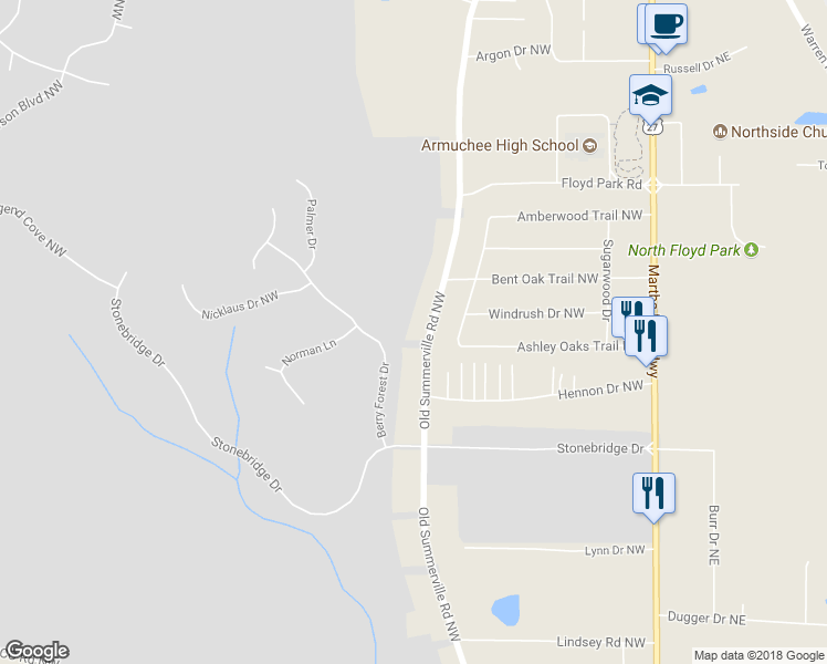 map of restaurants, bars, coffee shops, grocery stores, and more near 1297 Old Summerville Road Northwest in Rome