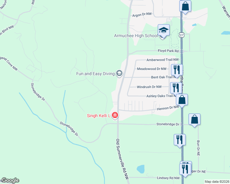 map of restaurants, bars, coffee shops, grocery stores, and more near 1279 Old Summerville Road Northwest in Rome