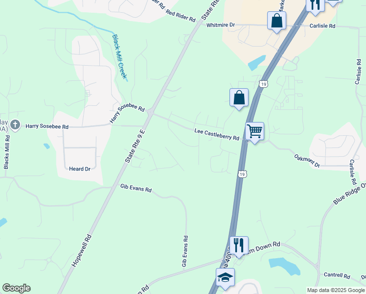 map of restaurants, bars, coffee shops, grocery stores, and more near 152 Parkwood Drive in Dawsonville
