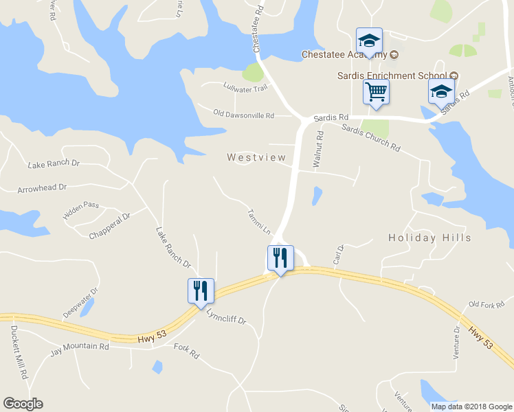 map of restaurants, bars, coffee shops, grocery stores, and more near 2640 Tammi Lane in Gainesville