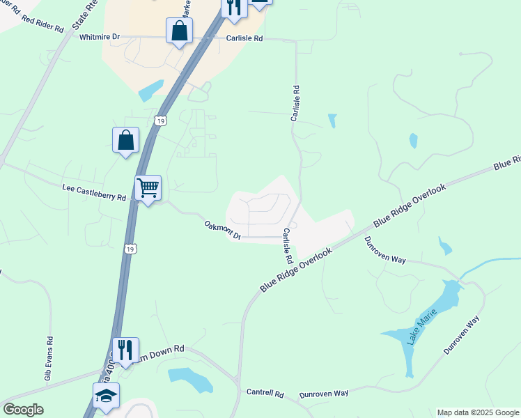 map of restaurants, bars, coffee shops, grocery stores, and more near 39 Greenfield Drive in Dawsonville