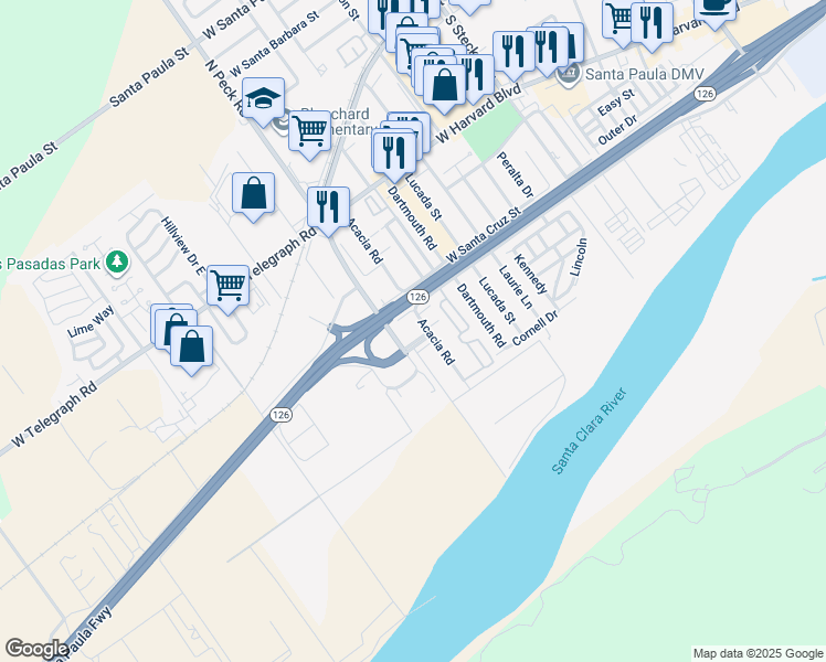 map of restaurants, bars, coffee shops, grocery stores, and more near 518 Acacia Road in Santa Paula