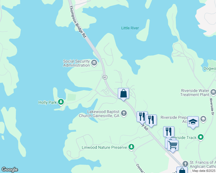 map of restaurants, bars, coffee shops, grocery stores, and more near 2412 Thompson Bridge Road in Gainesville