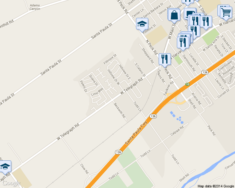 map of restaurants, bars, coffee shops, grocery stores, and more near 268 Via Del Prado in Santa Paula
