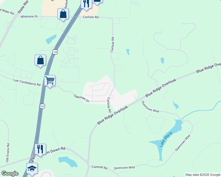 map of restaurants, bars, coffee shops, grocery stores, and more near 176 Highland Pointe Circle East in Dawsonville
