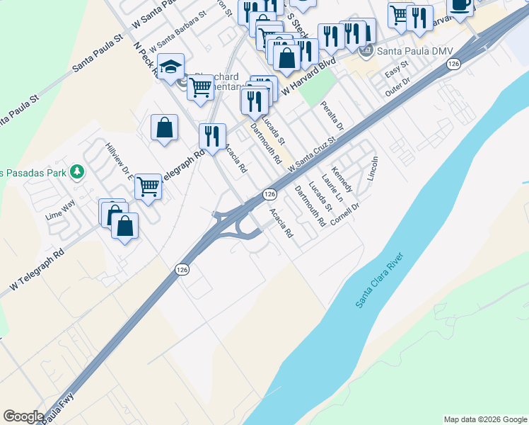 map of restaurants, bars, coffee shops, grocery stores, and more near 518 Acacia Road in Santa Paula