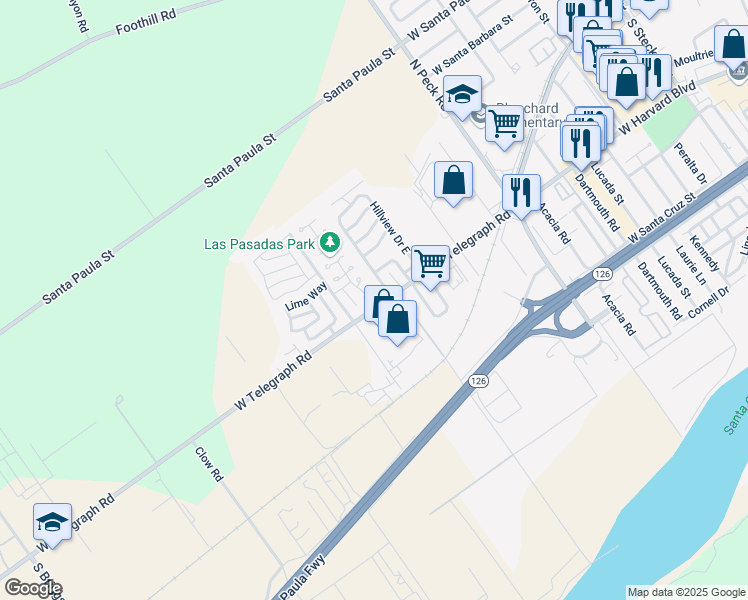 map of restaurants, bars, coffee shops, grocery stores, and more near 268 Via Del Prado in Santa Paula