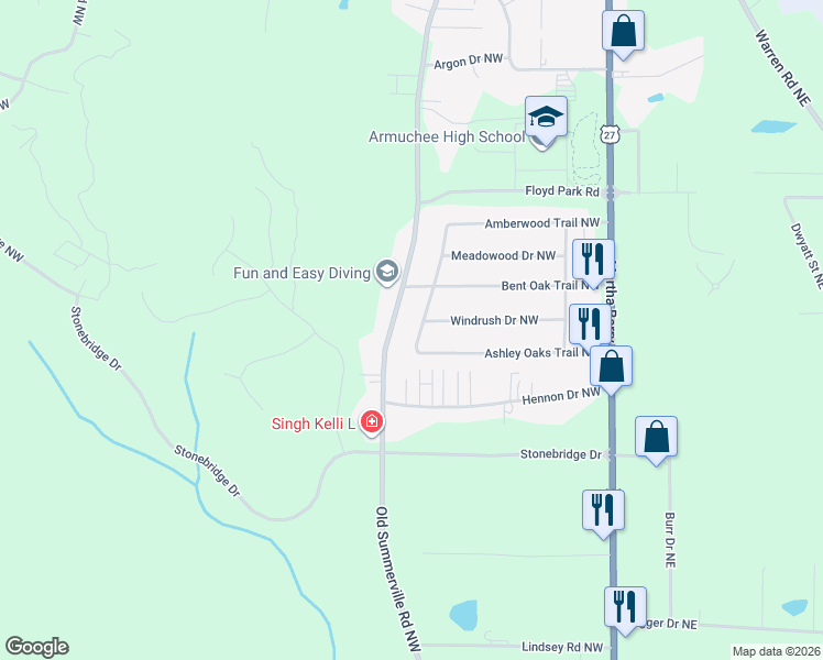 map of restaurants, bars, coffee shops, grocery stores, and more near 1290 Old Summerville Road Northwest in Rome
