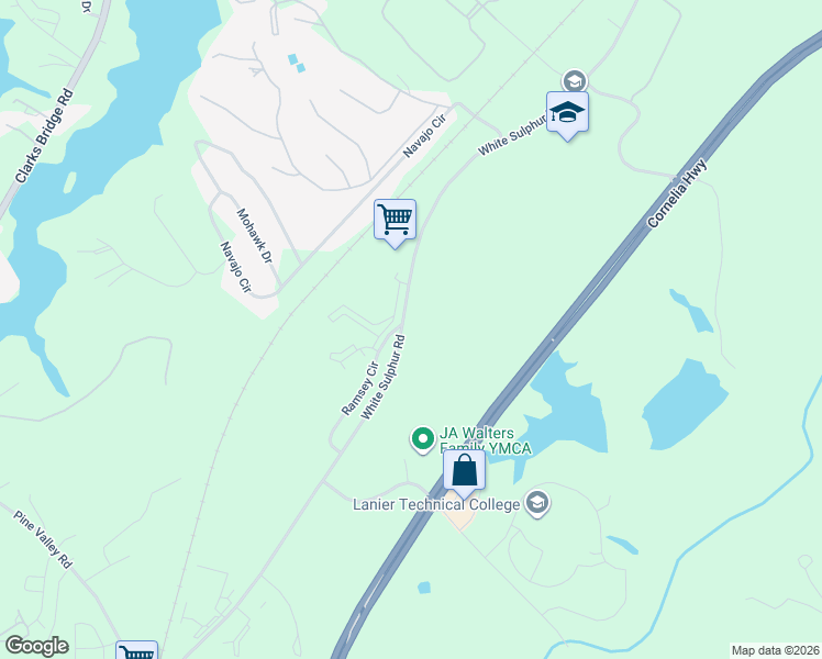 map of restaurants, bars, coffee shops, grocery stores, and more near 2582 White Sulphur Road in Gainesville