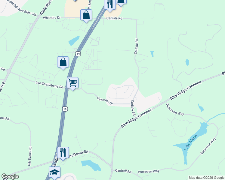 map of restaurants, bars, coffee shops, grocery stores, and more near 145 Northfield Circle in Dawsonville