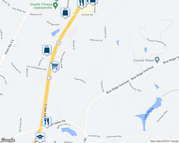 map of restaurants, bars, coffee shops, grocery stores, and more near 367 Highland Pointe Circle East in Dawsonville