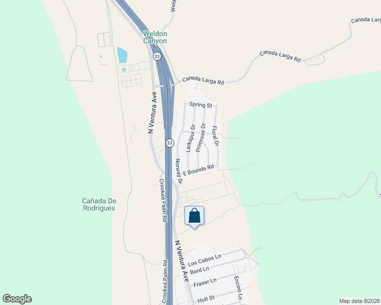 map of restaurants, bars, coffee shops, grocery stores, and more near 5094 Larkspur Drive in Ventura