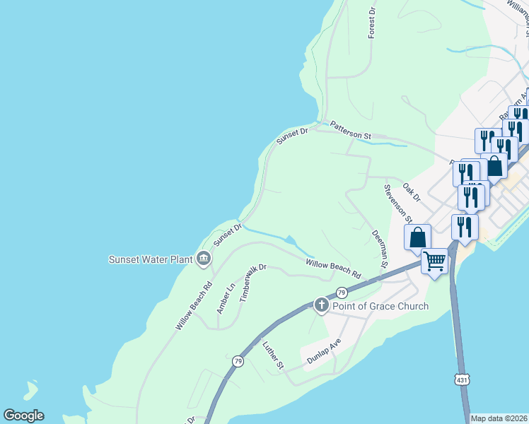 map of restaurants, bars, coffee shops, grocery stores, and more near 2313 Sunset Drive in Guntersville